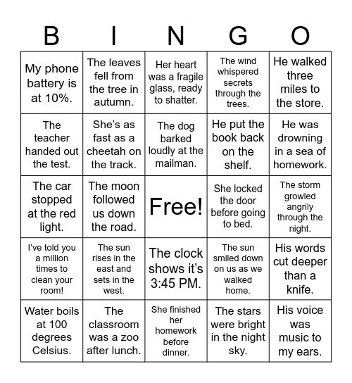Literal vs. Figurative Language Bingo Card