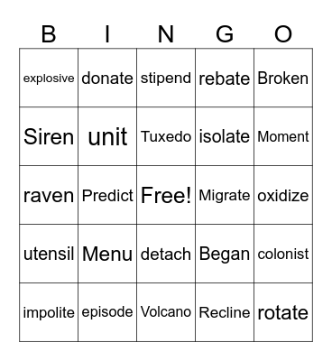 Open Syllables Bingo Card