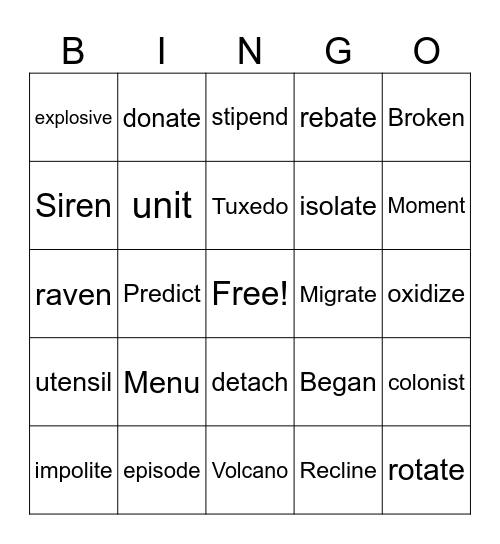 Open Syllables Bingo Card