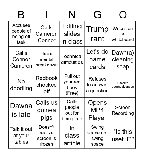 Dawna Linsdell 1st Period Bingo Card