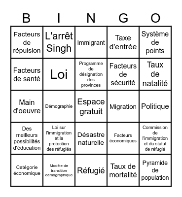 Immigration Bingo Card