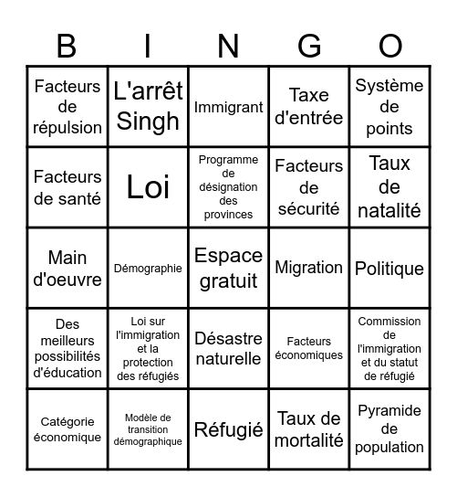 Immigration Bingo Card