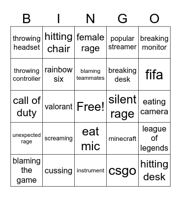 gamer rage Bingo Card