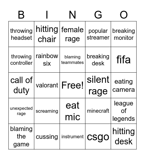 gamer rage Bingo Card