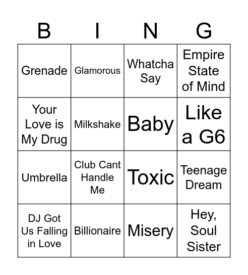 SWE Music Bingo !!!!!!!! Bingo Card