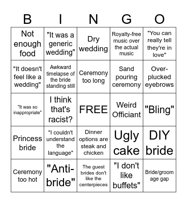 Four Weddings Bingo Card