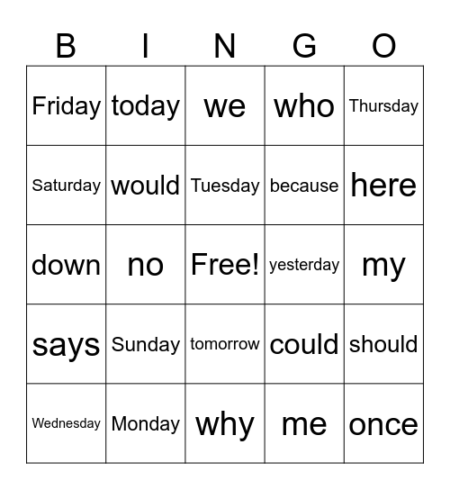 Tricky Word Bingo Card