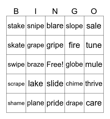 Silent E Bingo Card