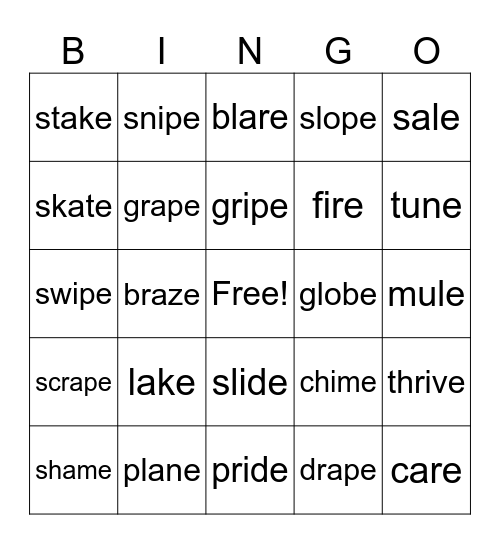 Silent E Bingo Card