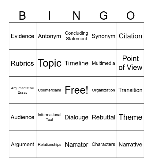Writing Bingo Card