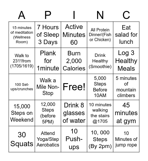 AP WELLNESS & FITBIT CHALLENGE Bingo Card
