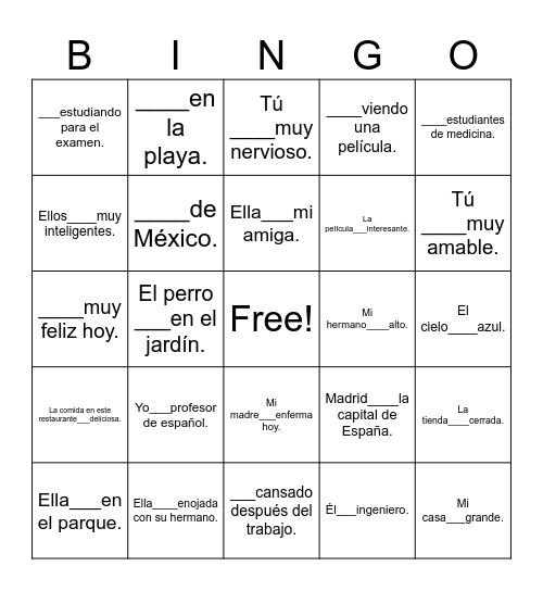 Ser versus Estar Bingo Card
