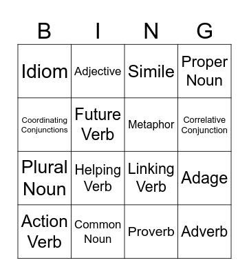 Parts of Speech BINGO Card