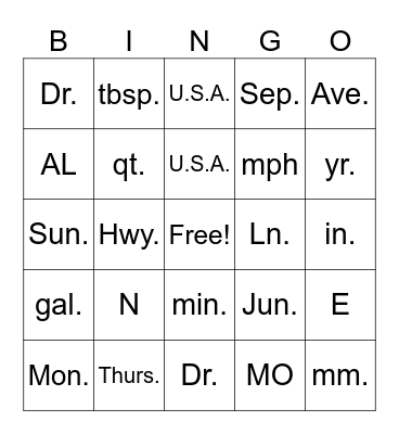 Abbreviation Bingo Card