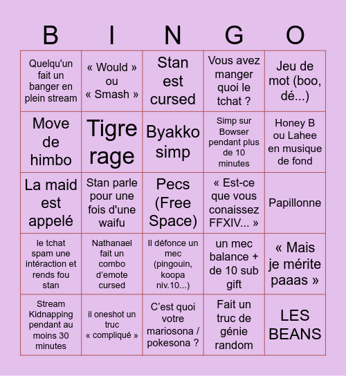 Bingo des streams de Stan Bingo Card