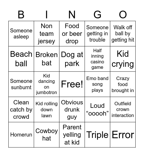 Baseball Park Bingo Card