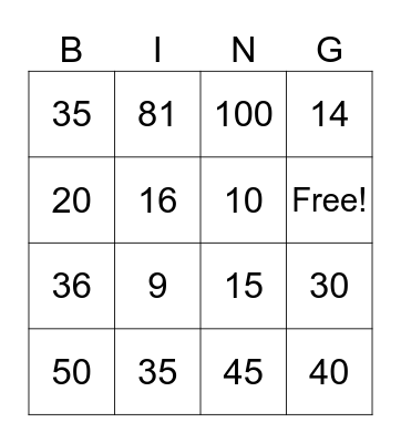 9x Multiplication Bingo Card