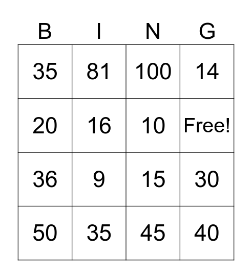 9x Multiplication Bingo Card