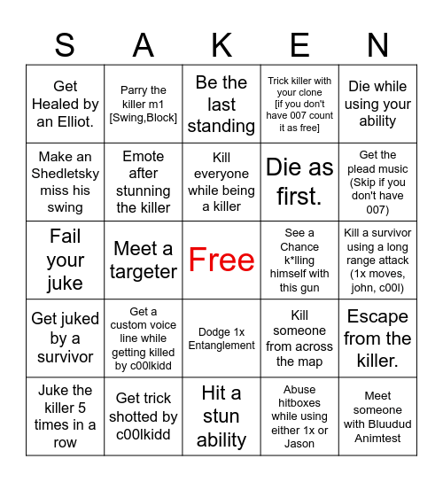 Forsaken Bingo Card