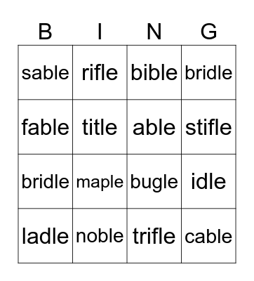 CLe with open syllable Bingo Card