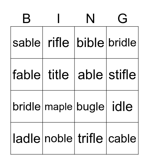 CLe with open syllable Bingo Card