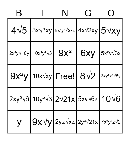 Monomial Square Roots Bingo Card