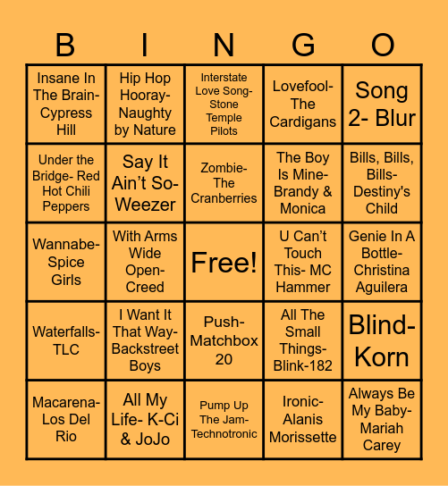 '90s - GB Music Fest Bingo Card