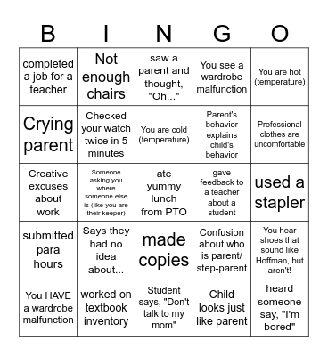Parent Teacher Conference Bingo Card