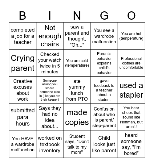 Parent Teacher Conference Bingo Card