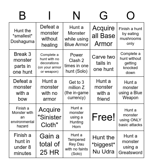 Q's MH Bingo Card