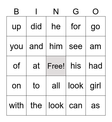Kindergarten Sight Words Bingo Card