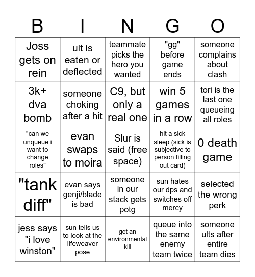 overwat Bingo Card
