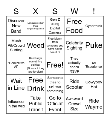 SXSW 2025 Bingo Card