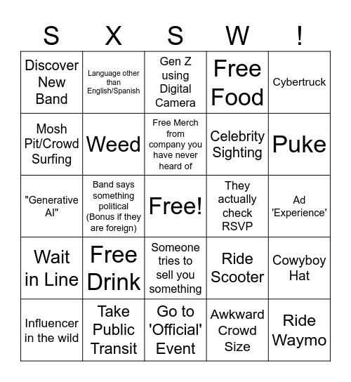 SXSW 2025 Bingo Card