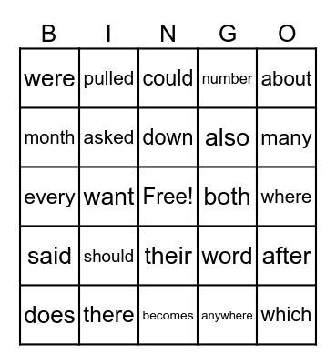 High Frequency Word Bingo Card