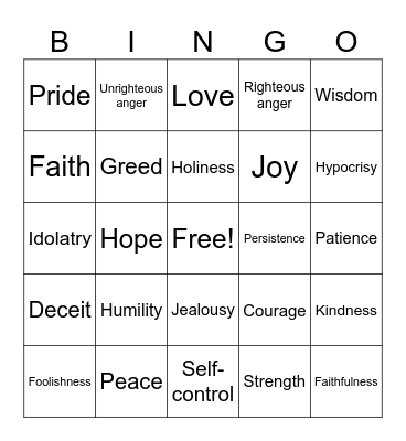 Biblical "Virtues and Vices" Bingo Card