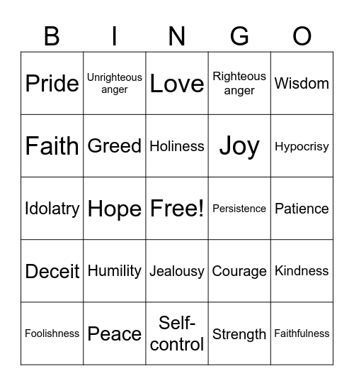 Biblical "Virtues and Vices" Bingo Card