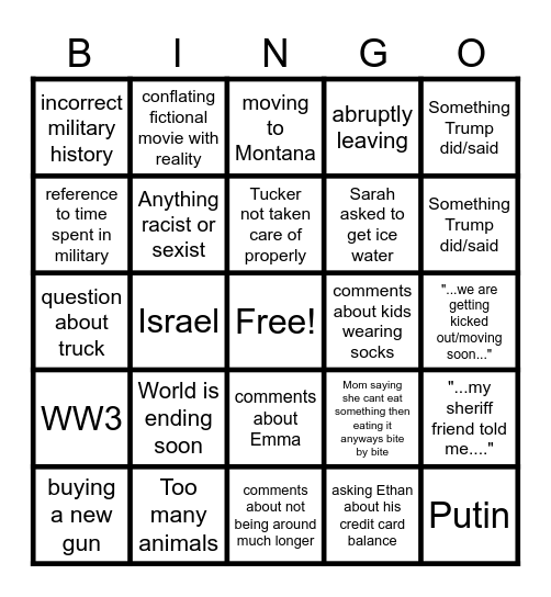 Peterson Family Bingo! Bingo Card