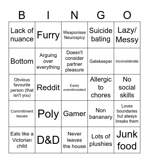Toxic White NB Partner Bingo Card