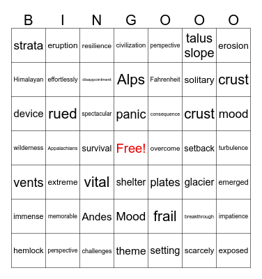Musical Words: Extreme Settings Bingo Card