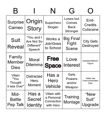 Superhero Movie Bingo Card Bingo Card