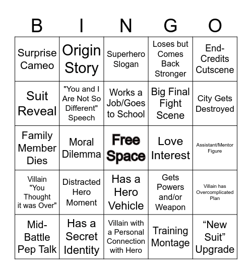 Superhero Movie Bingo Card Bingo Card