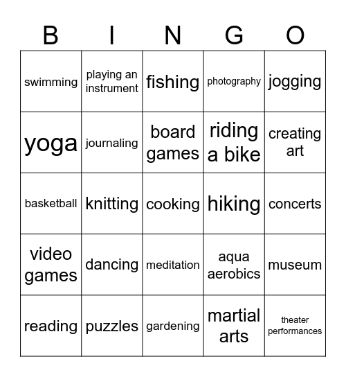 leisure Bingo Card