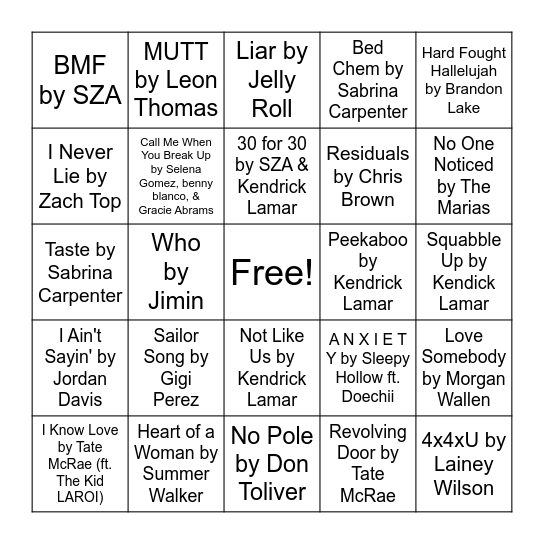 Billboard 100 Bingo Card