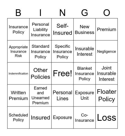 Insurance Bingo Card