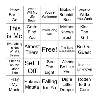 Disney Songs Bingo Card