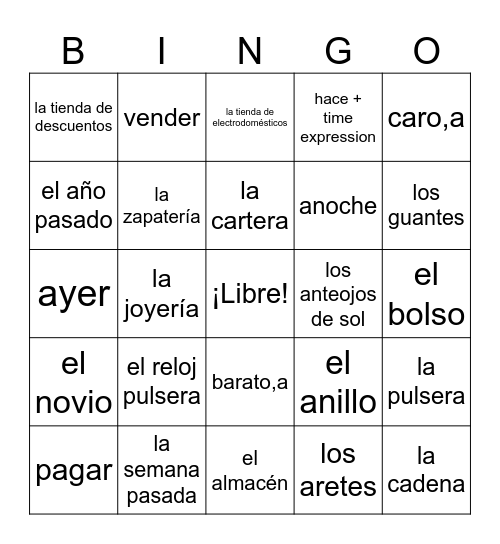 Realidades 1 7B Bingo Card