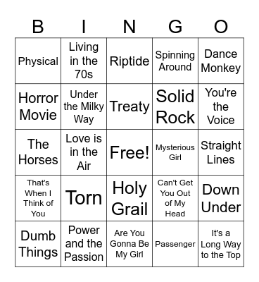 Australian Bands Bingo Card