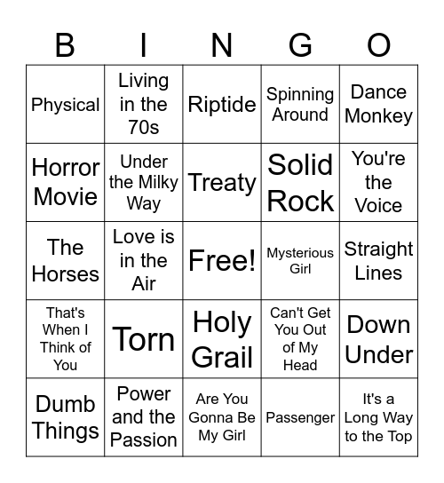 Australian Bands Bingo Card