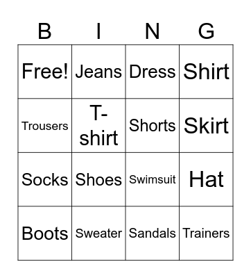 Clothing Vocabulary Bingo Card